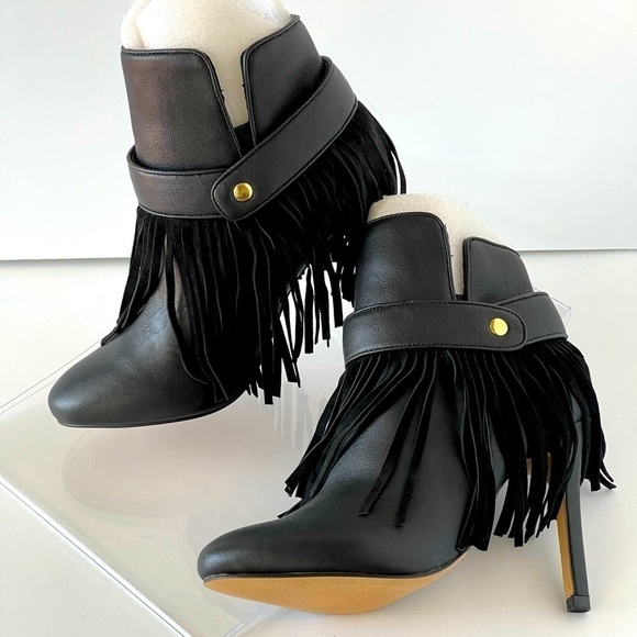 June Ambrose Black Leather Ankle Boots Platform Heels Fringe Tassel Bootie, 6.5W - Picture 3 of 10